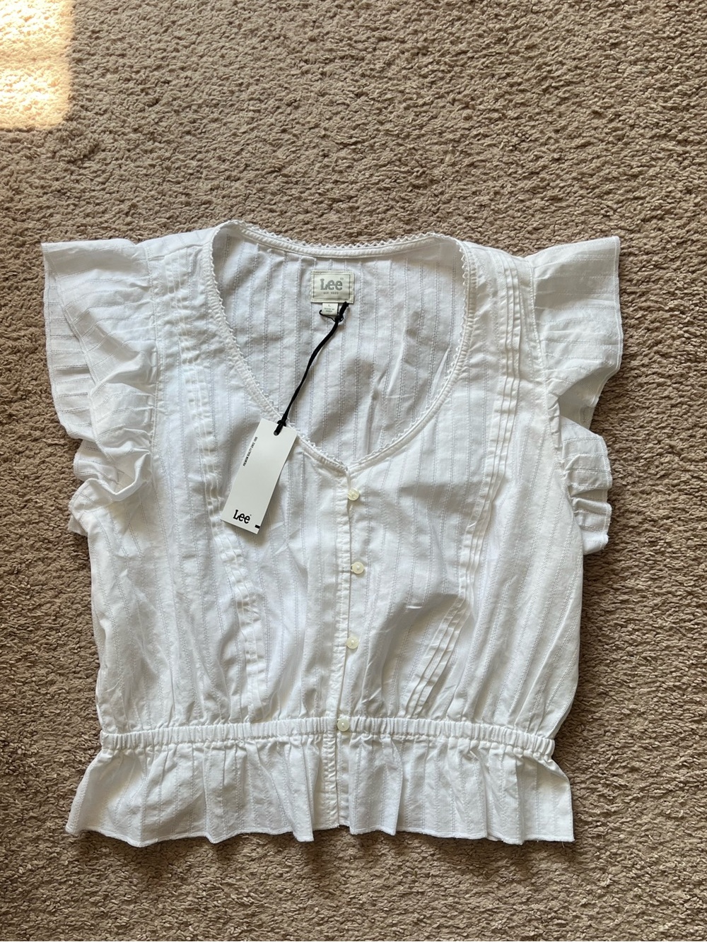 Lee White Ruffle Sleeve Button-Front Blouse